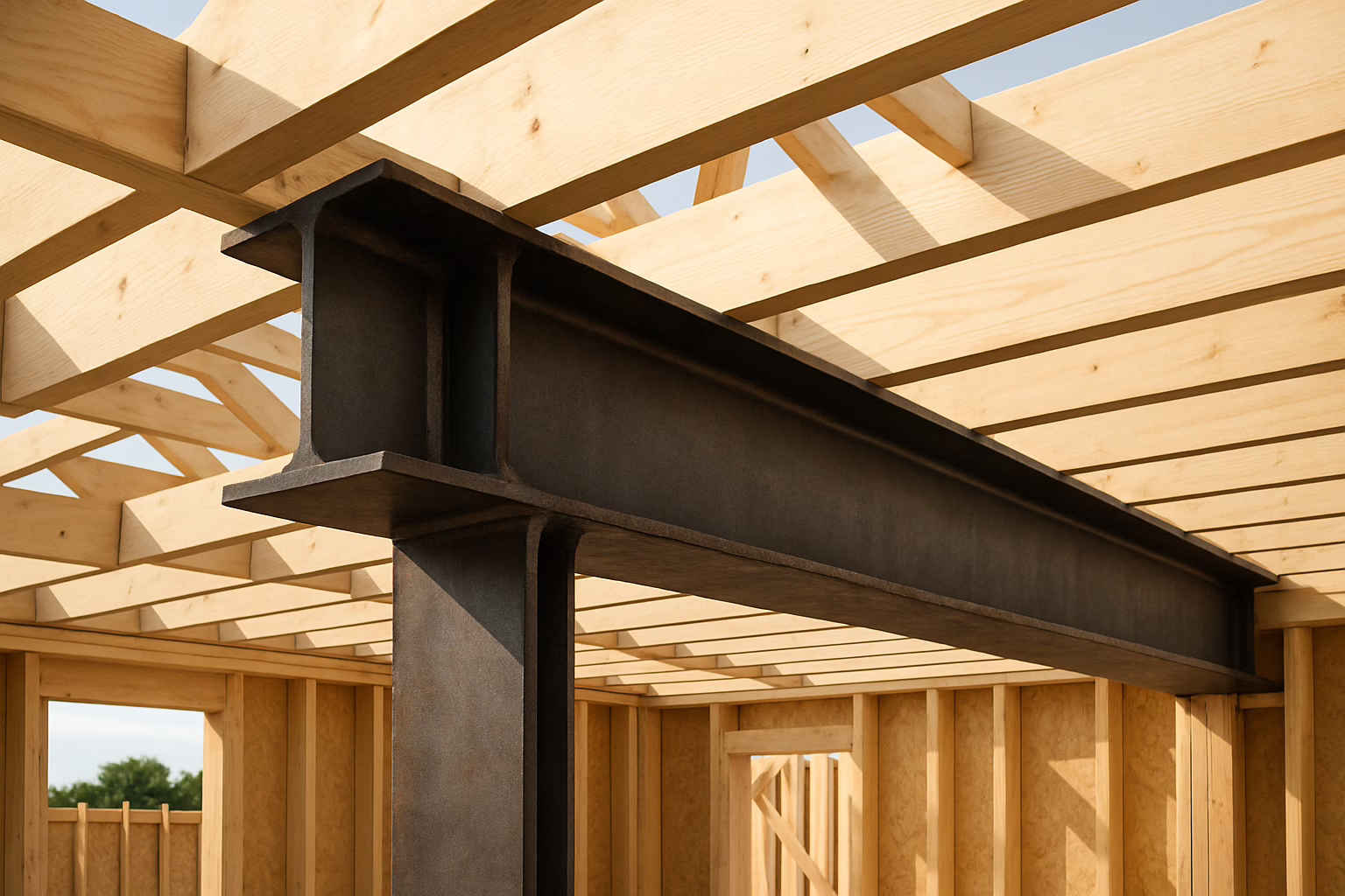 Dwuteownik HEB zastosowany w konstrukcji stropowej domu, widoczny jako główny element nośny podtrzymujący strop, prezentuje solidne wykonanie oraz wytrzymałość zastosowanych materiałów stalowych w budownictwie jednorodzinnym.