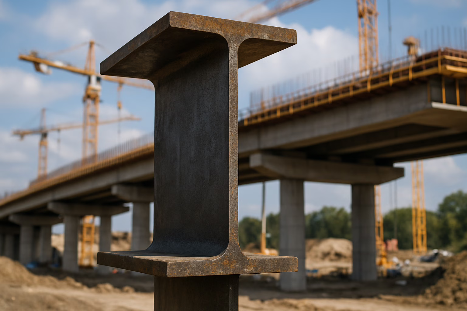 Realistyczne zdjęcie dwuteownika stalowego wykorzystywanego podczas budowy mostu, widoczne detale konstrukcji, prace budowlane i elementy infrastruktury mostowej w tle.