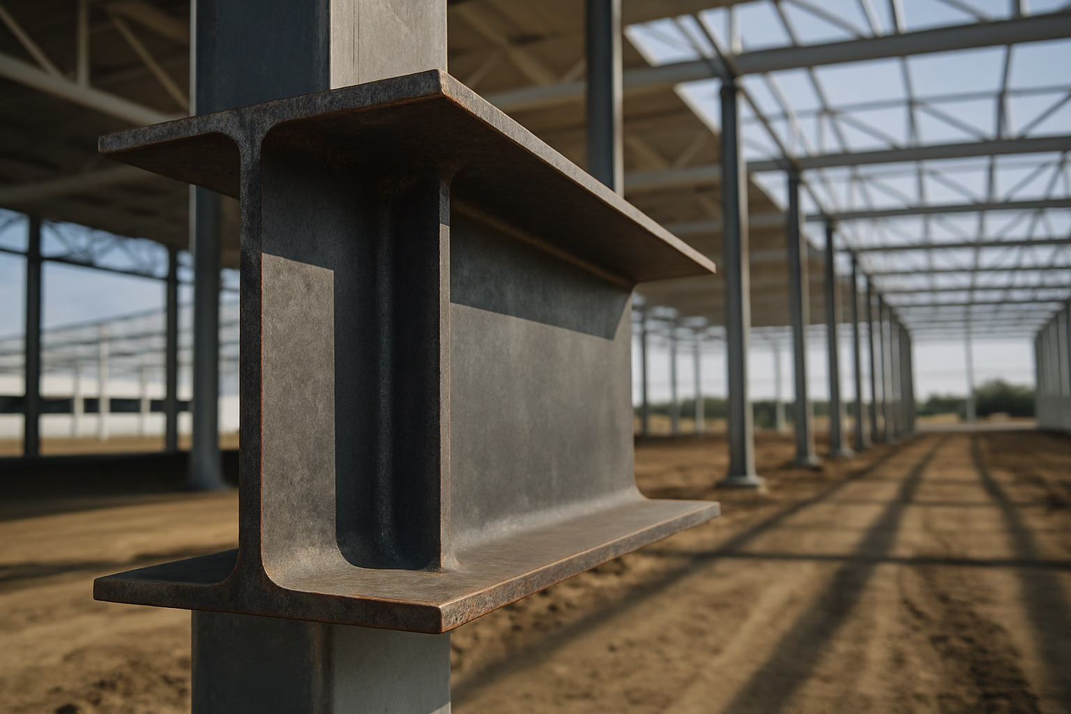 Stalowy dwuteownik wykorzystywany podczas budowy hali magazynowej, realistycznie przedstawiony na zdjęciu, prezentujący solidność i wytrzymałość konstrukcji stalowych w nowoczesnym budownictwie przemysłowym.