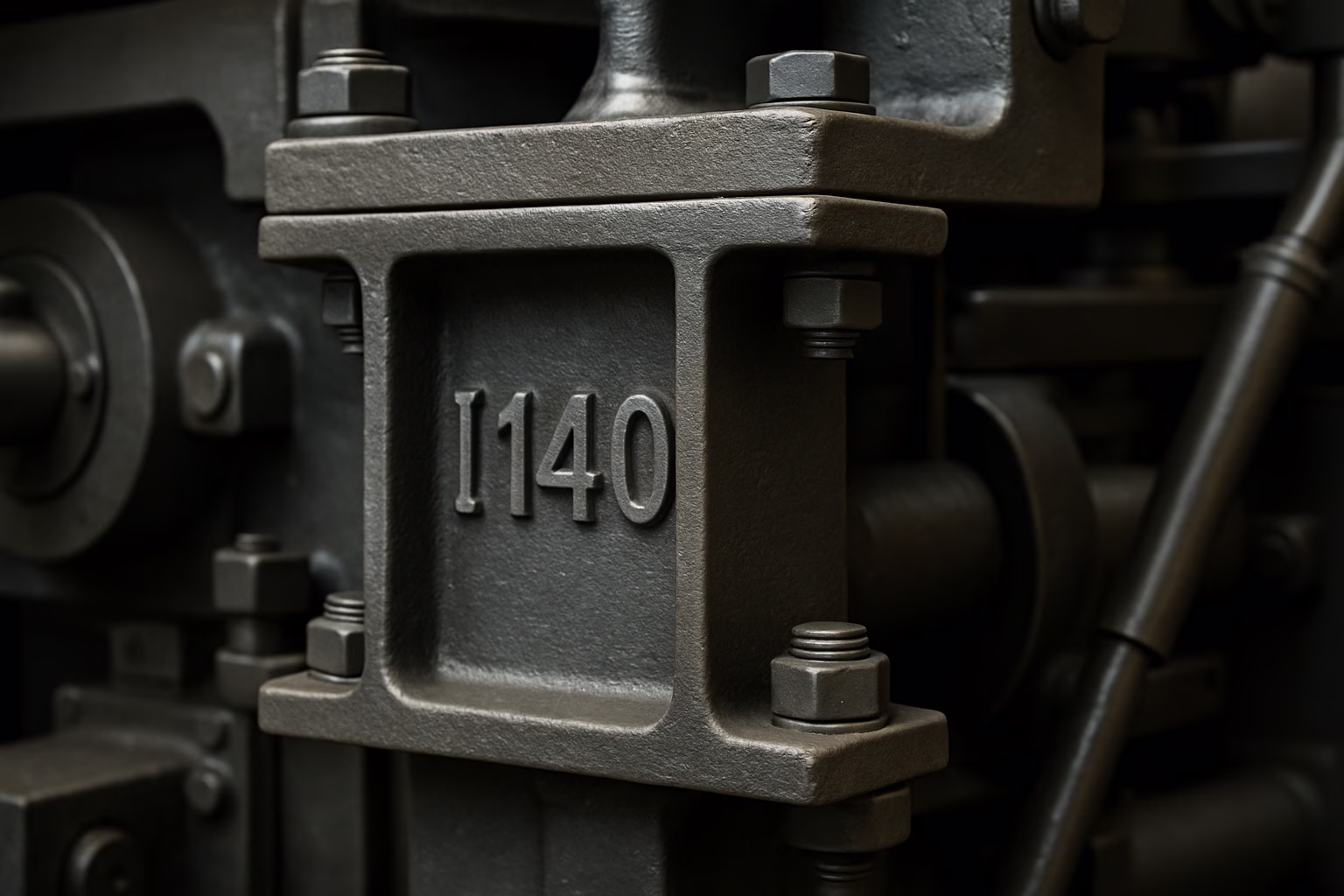 Na zdjęciu znajduje się dwuteownik 140 wykorzystywany jako solidny element konstrukcyjny przemysłowej maszyny. Stalowy profil o wysokiej wytrzymałości zapewnia stabilność i trwałość całej instalacji, stanowiąc kluczowy komponent w nowoczesnych rozwiązaniach inżynieryjnych stosowanych w branży przemysłowej.