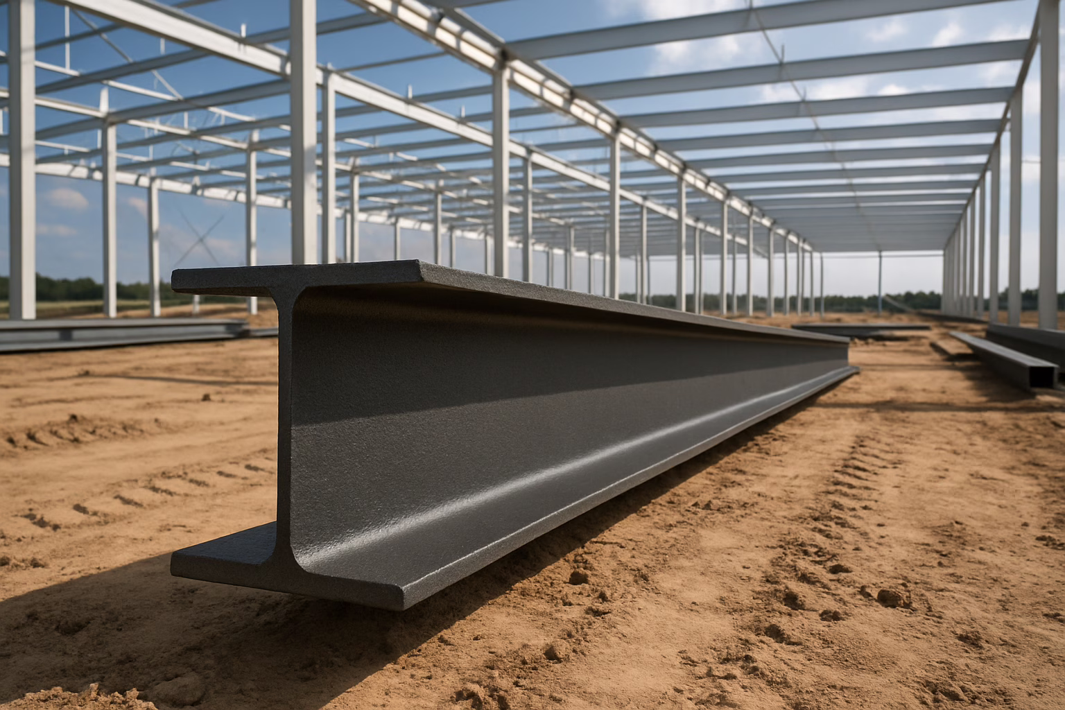 Dwuteownik HEB na placu budowy hali magazynowej, przygotowany do montażu konstrukcji stalowej, widoczny w otoczeniu innych elementów budowlanych i sprzętu ciężkiego.