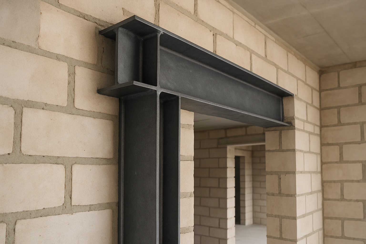 Dwuteownik 160 zastosowany jako element wzmacniający ścianę w budownictwie mieszkalnym, stalowy profil konstrukcyjny wspierający stabilność i wytrzymałość konstrukcji domu.