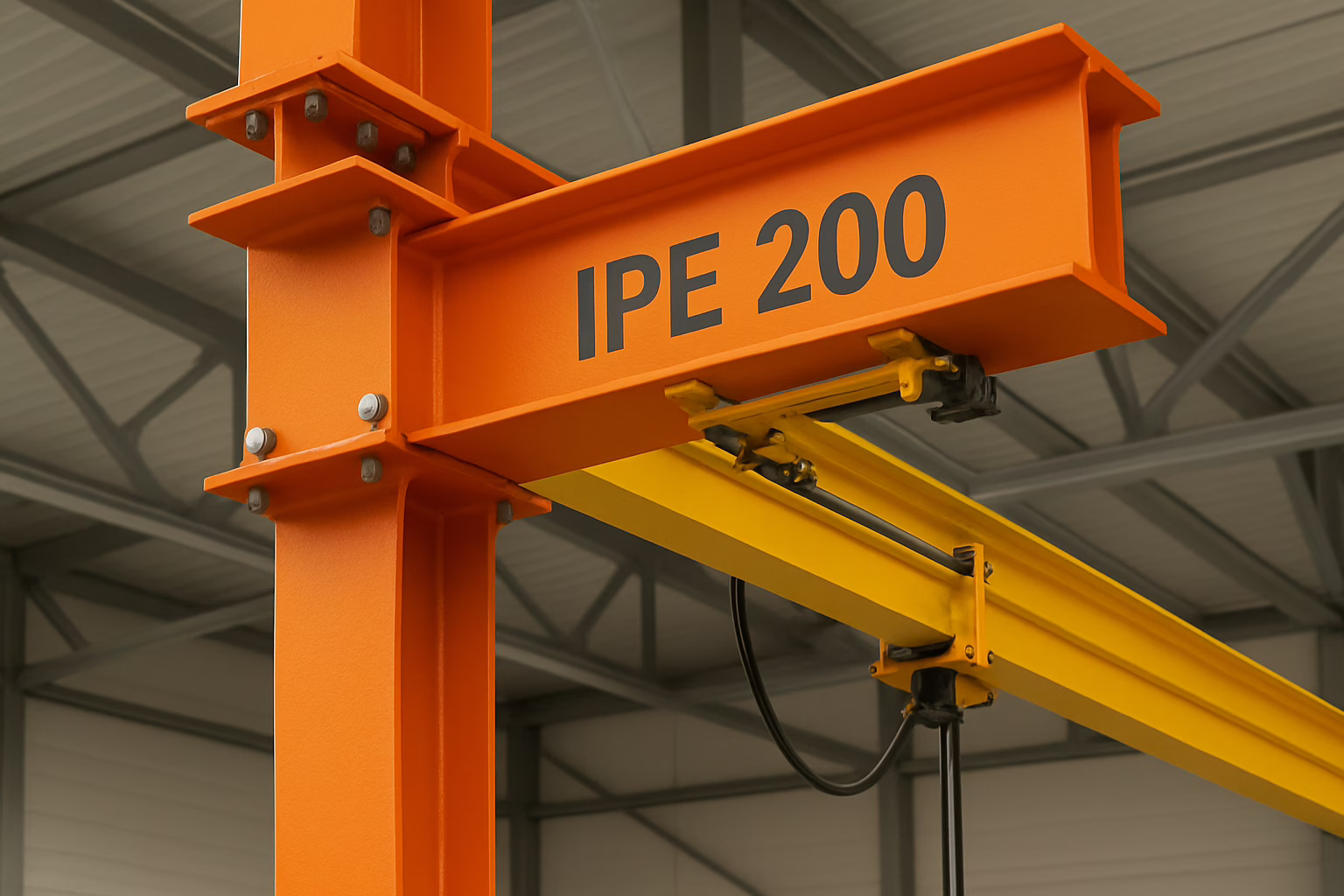Dwuteownik IPE 200 zastosowany jako element konstrukcji wsporczej suwnicy, stalowa belka w przemysłowej hali, montaż konstrukcji nośnej pod urządzenie dźwignicowe, rozwiązania inżynierskie w budownictwie przemysłowym.
