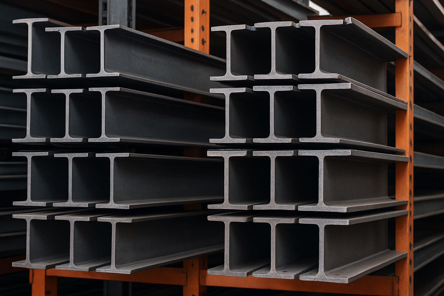 Profile stalowe HEA i profile stalowe HEB starannie ułożone na regałach w hurtowni stali, gotowe do sprzedaży i zastosowania w budownictwie oraz konstrukcjach stalowych.