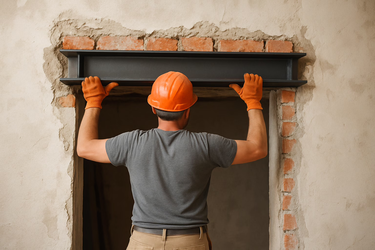 Montaż dwuteownika stalowego na nadprożu podczas prac budowlanych, widoczne szczegóły konstrukcji stalowej i otworu okiennego w trakcie realizacji.