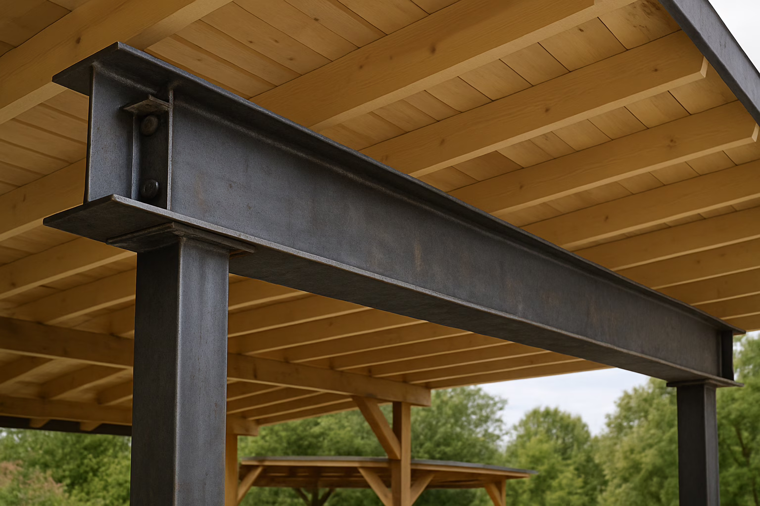 Stalowy dwuteownik 6 metrów użyty jako element konstrukcyjny wiaty, solidne wsparcie stalowej ramy, montaż konstrukcji stalowej, zastosowanie w budownictwie przemysłowym i gospodarczym.