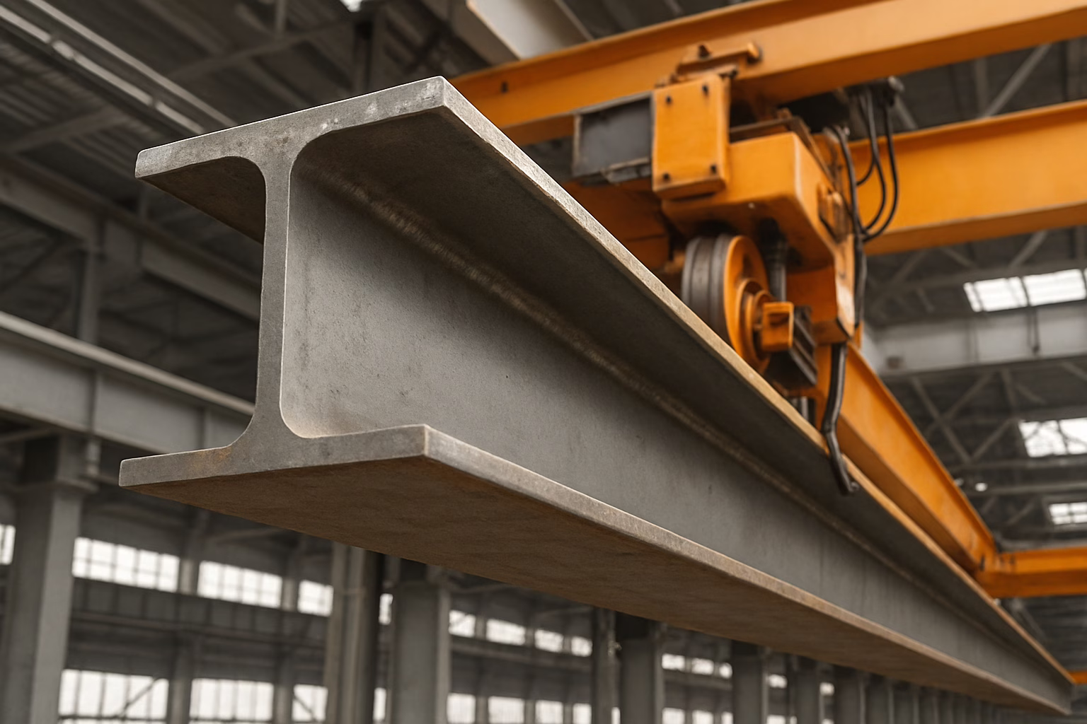 Dwuteownik stalowy wykorzystywany jako szyna jezdna w suwnicy przemysłowej, konstrukcja stalowa w magazynie lub hali produkcyjnej, rozwiązanie do transportu ciężkich ładunków, infrastruktura dźwignicowa, element systemu transportowego suwnicy.