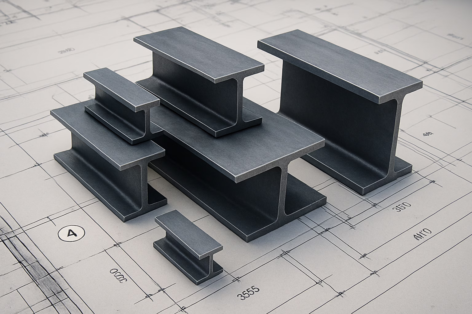 Na zdjęciu widoczne są dwuteowniki stalowe w różnych rozmiarach, starannie ułożone na placu budowy, przygotowane do montażu w konstrukcji stalowej.