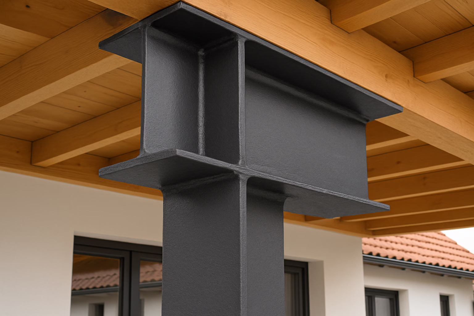 Dwuteownik HEA wspierający dach w budynku mieszkalnym, nowoczesna konstrukcja stalowa, solidna belka nośna, elementy konstrukcyjne dachu, wytrzymałość i bezpieczeństwo, zastosowanie profilu HEA w budownictwie, rama stalowa w domu jednorodzinnym, montaż dwuteownika.