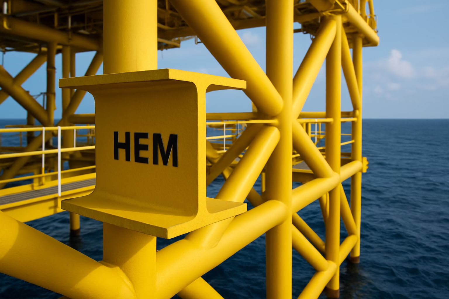Dwuteownik HEM wykorzystywany w konstrukcji offshore, widoczny na zdjęciu jako solidny element stalowy zapewniający wytrzymałość i stabilność w wymagających warunkach morskich.