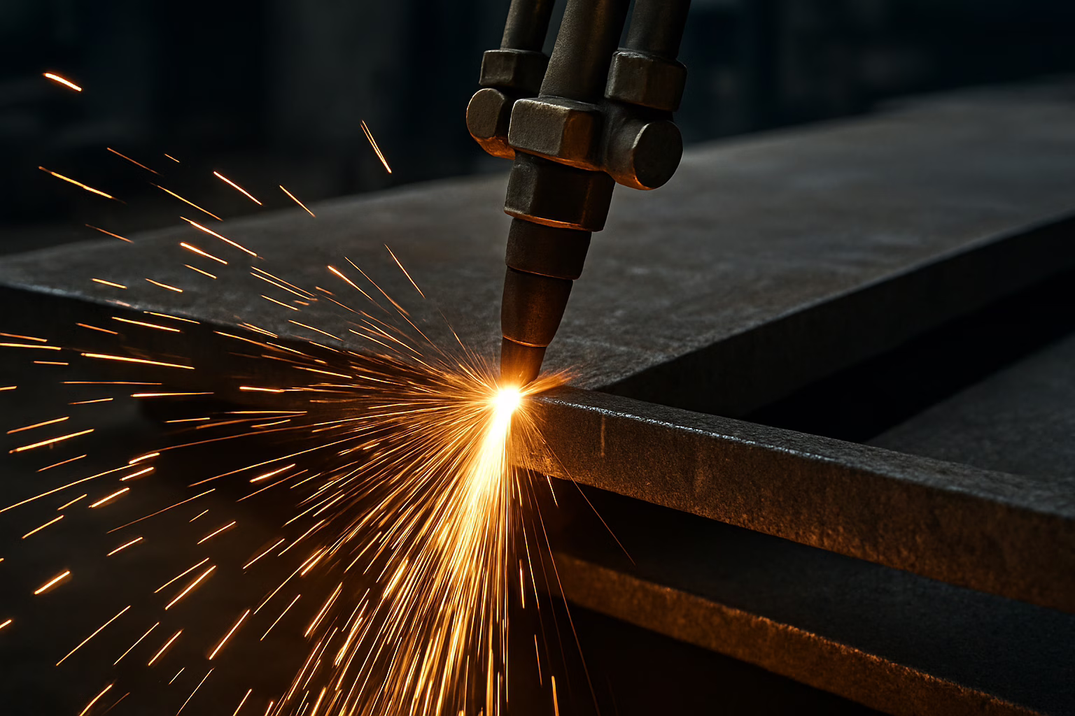 Proces cięcia stali w warsztacie przemysłowym, widoczne iskry i specjalistyczna maszyna do obróbki metalu, precyzyjna praca operatora w trakcie produkcji elementów stalowych.